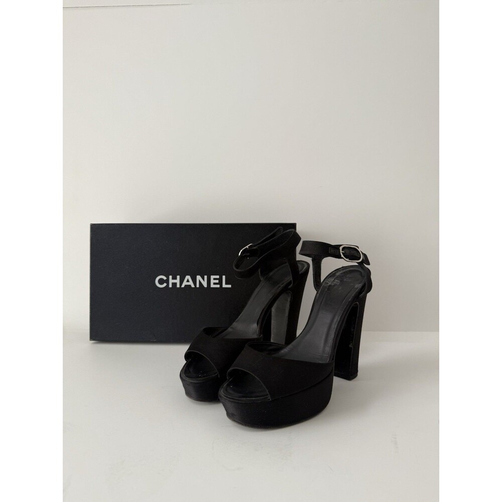 Chanel Black Satin Platform Sandals - Size 39 - With Box